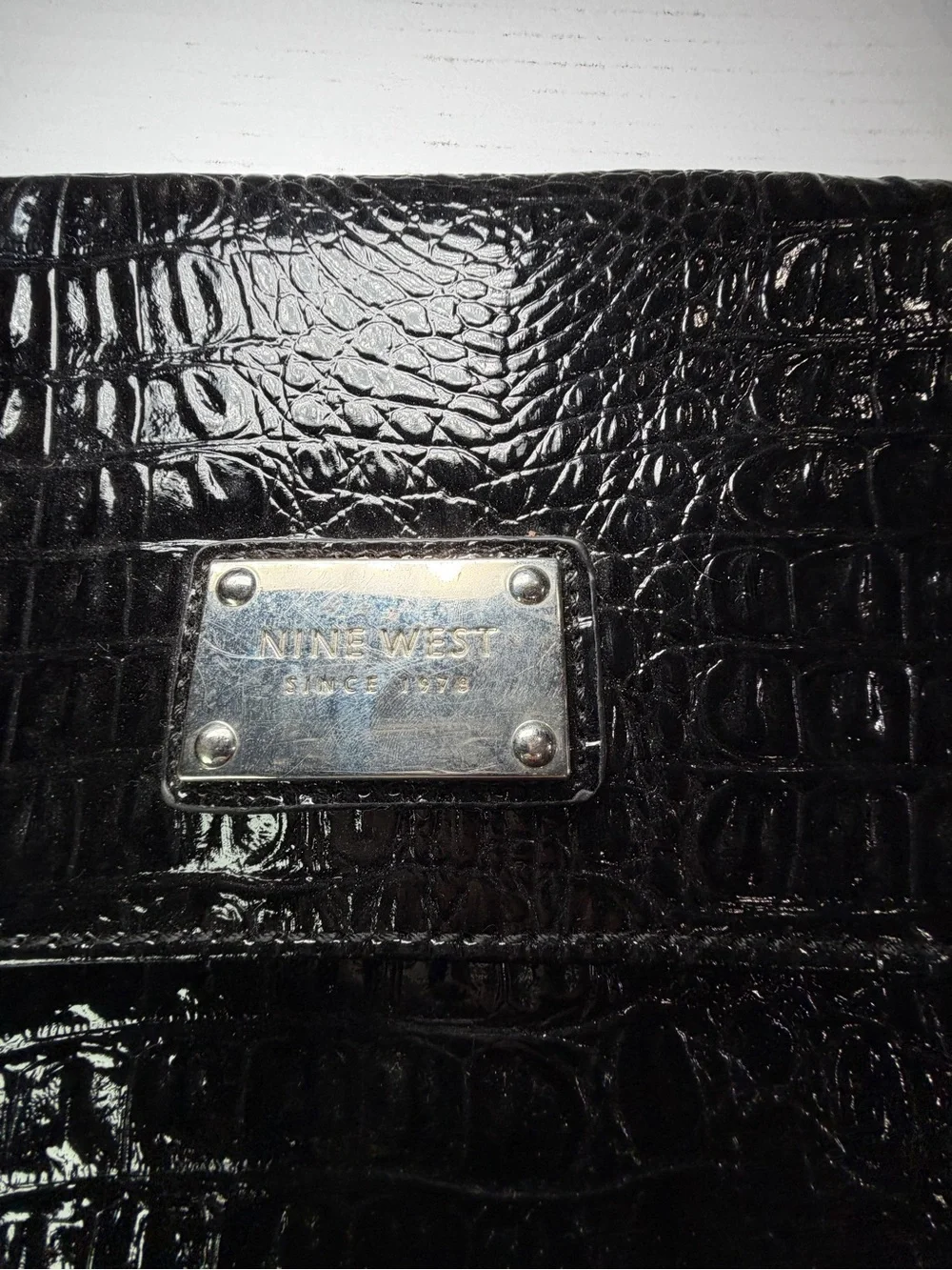 Nine West Black Croc-Embossed Crossbody Bag with Logo Plaque
